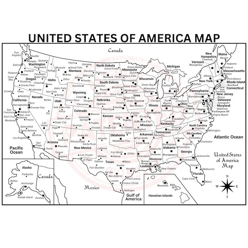 Peut inclure: Une carte en noir et blanc des &Eacute;tats-Unis d'Am&eacute;rique avec les fronti&egrave;res des &Eacute;tats et les principales villes indiqu&eacute;es. La carte comprend l'Alaska et Hawa&iuml;. La carte est entour&eacute;e d'une bordure blanche.