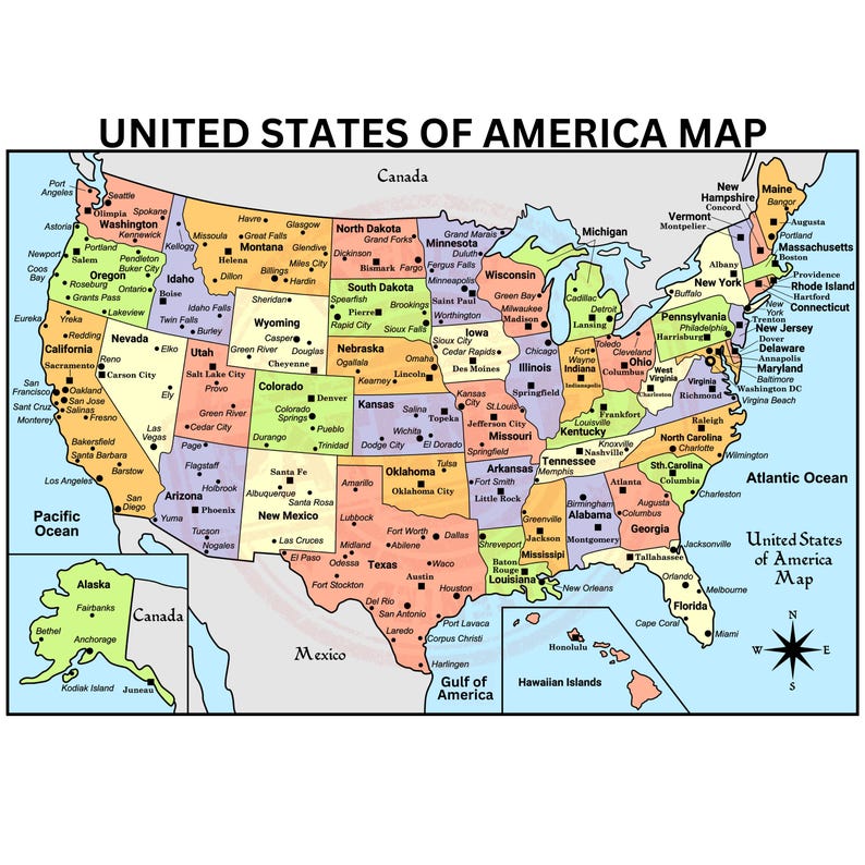 Peut inclure: Une carte color&eacute;e des &Eacute;tats-Unis d'Am&eacute;rique avec les fronti&egrave;res des &Eacute;tats et les principales villes indiqu&eacute;es. La carte est sur un fond blanc avec une bordure bleue.