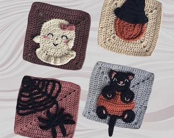 Ghost Spider web Halloween pumpkin cat Granny square pattern bundle PDF Download