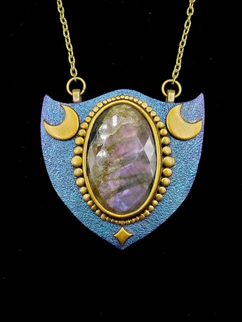 moon goddess necklace triple moon necklace Crystal amulet witch jewelry protection amulet Purple labradorite necklace