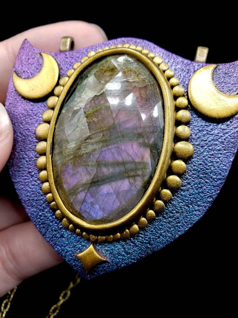 moon goddess necklace triple moon necklace Crystal amulet witch jewelry protection amulet Purple labradorite necklace
