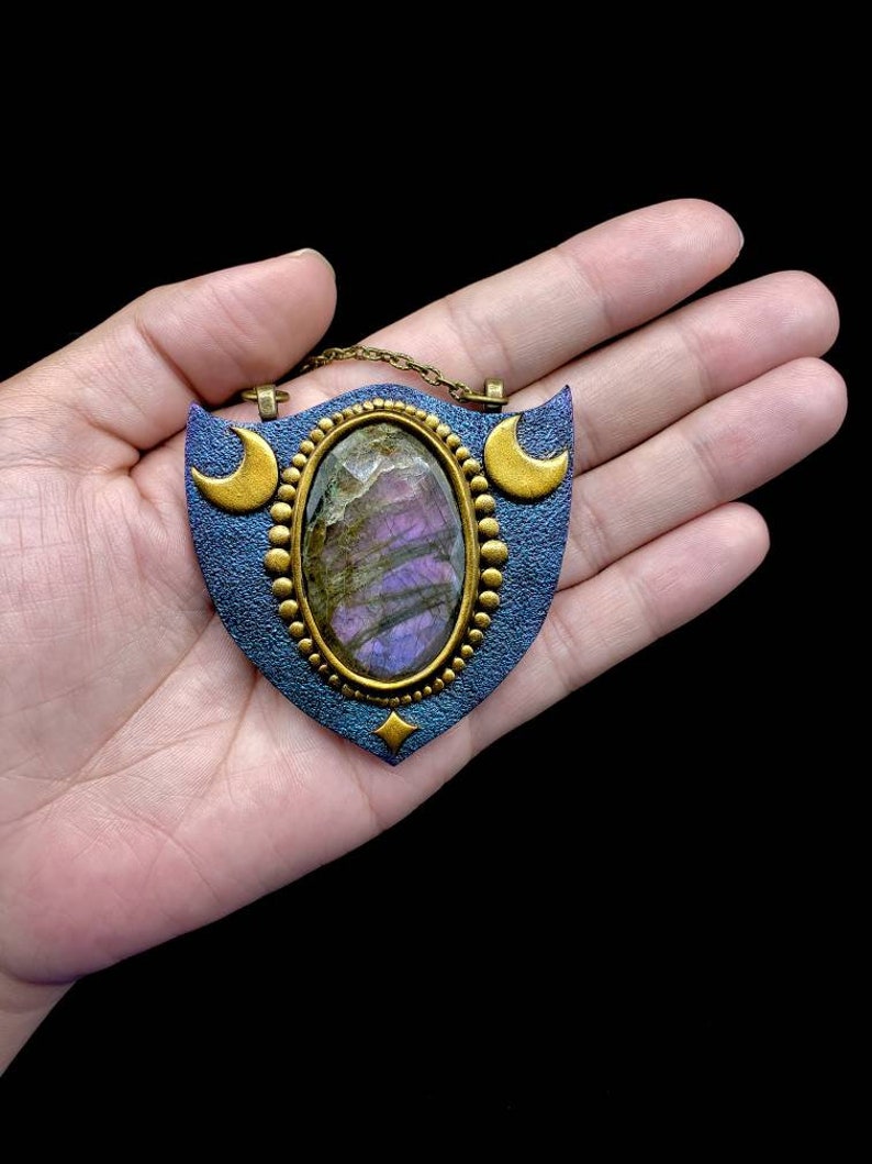 moon goddess necklace triple moon necklace Crystal amulet witch jewelry protection amulet Purple labradorite necklace