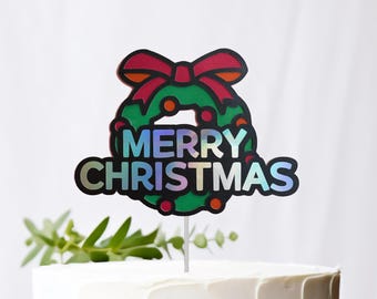 Handmade Merry Christmas Cake Topper, Wreath Design