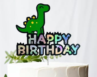 Handmade Happy Birthday Cake Topper, Green Dino