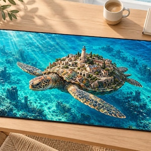 Alfombrilla de escritorio con diseño de tortuga marina y alfombrilla de ratón con diseño de pueblo submarino fantástico.