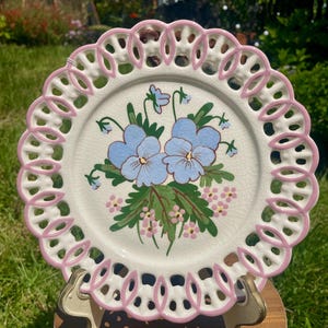Hand-Painted Ceramic Plate with Blue Violets and Reticulated Edge - CA Pottery?