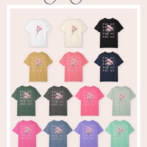 Shirt Phi Mu-studentenclub: T-shirt roze anjerbloem, Griekse kleding afbeelding 6
