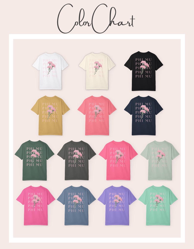 Shirt Phi Mu-studentenclub: T-shirt roze anjerbloem, Griekse kleding afbeelding 6