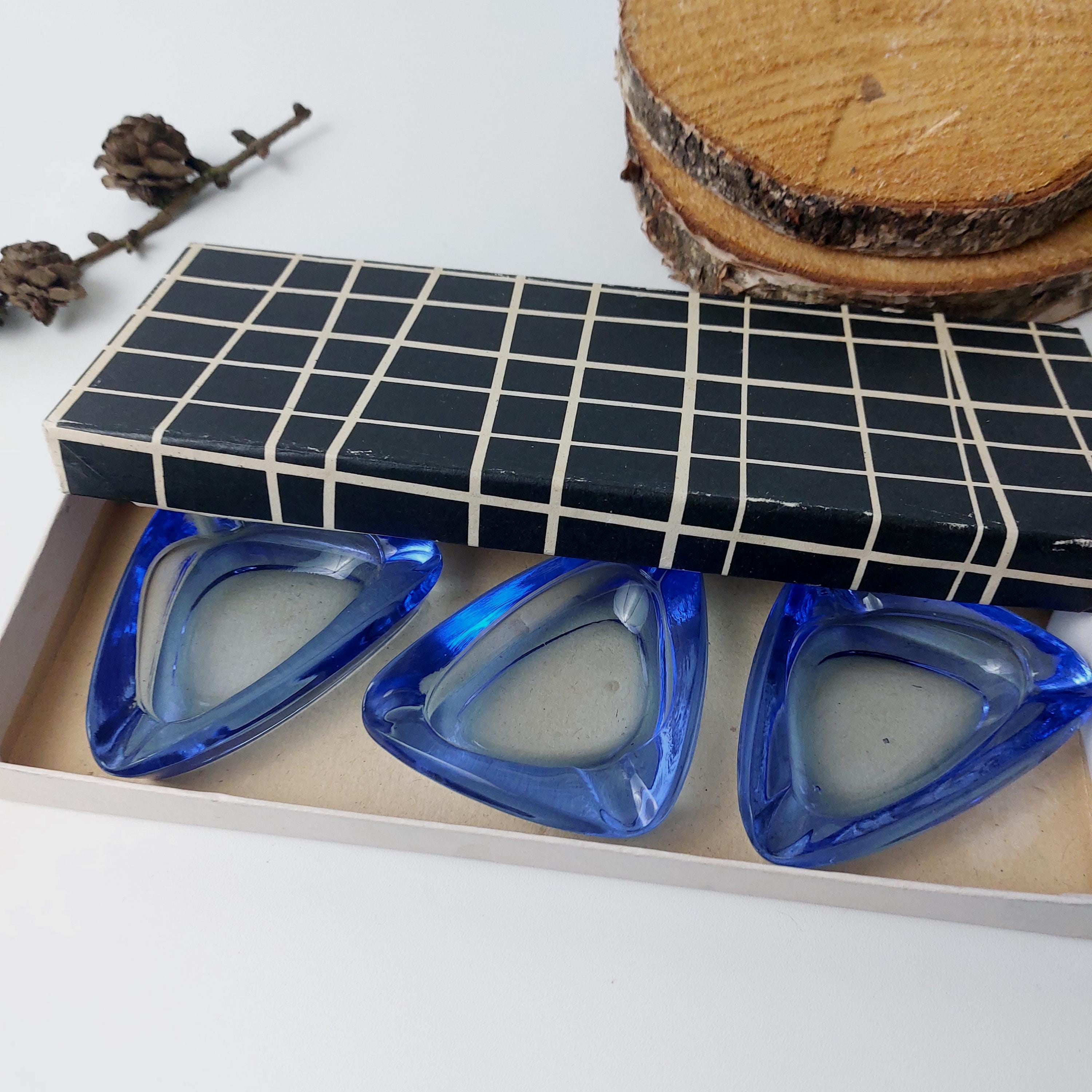 Vintage 60s Blue Glass Ashtrays: Mid Century Modern Set of 3