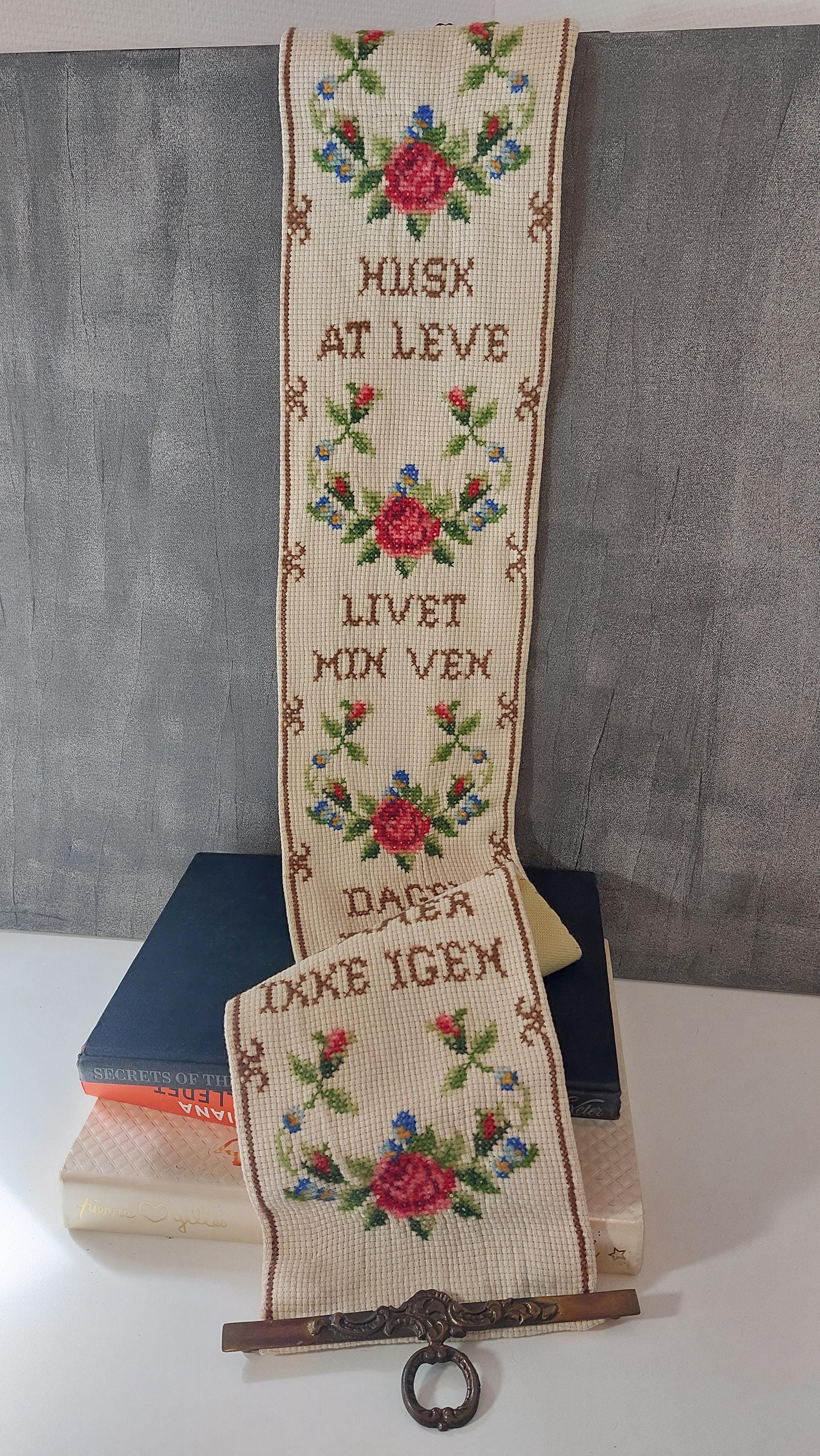 Vintage Danish Cross Stitch Tapestry: Floral Proverb, Brass