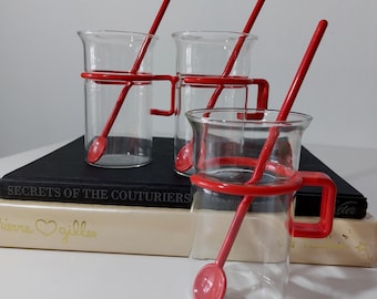 Vintage Bodum Denmark |  Bodum Bistro | Tea Cup with Spoon | Red | Set of 3 | Heat Resistant | 80s | Carsten Jorgensen | Tall Size |