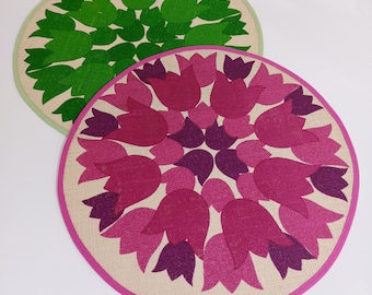 Vintage Danish Tableware | Retro Placemat | Tulips | Pink and Green | 1970s | Set of 2 | Scandinavian Retro Kitchen | Centerpiece | Burlap |
