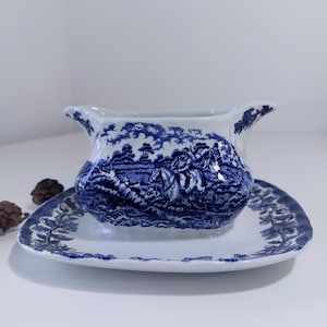 Vintage Myotts England | Country Life | Sauciere | Gravy Boat | Attached Underplate | Blue Transferware |  | 1960s| Staffordshire |