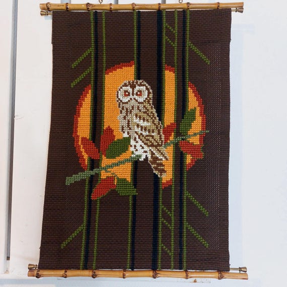 Vintage 70s Norwegian | Owl Embroidery | Bell Pull | Folk Art