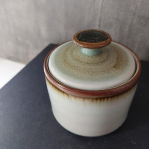 May include: A ceramic sugar bowl with a lid. The bowl is white with a brown rim and a speckled green lid. The lid has a small, dark brown knob. The sugar bowl is on a dark surface.