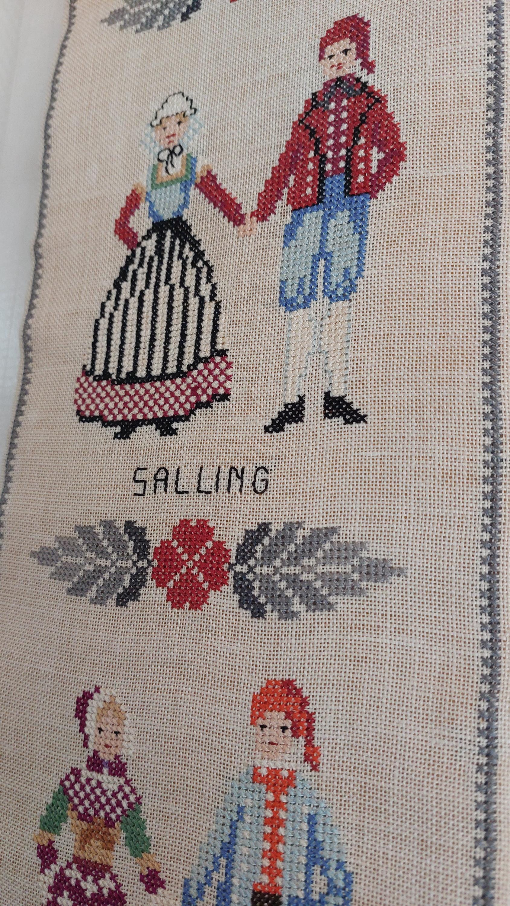 Vintage Danish Cross Stitch Tapestry: Traditional Costumes Wall