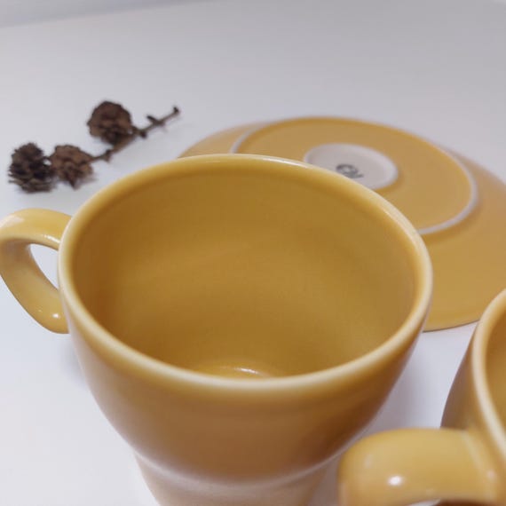 Vintage Höganäs Stoneware Cup and Plate Set: Mustard Yellow Domino