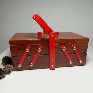 Vintage Sewing Box | Small Wooden Sewing Supplies Box | 1960s | Kids Sewing Box | Accordion Style with foldable Handle | Sewing Storage |