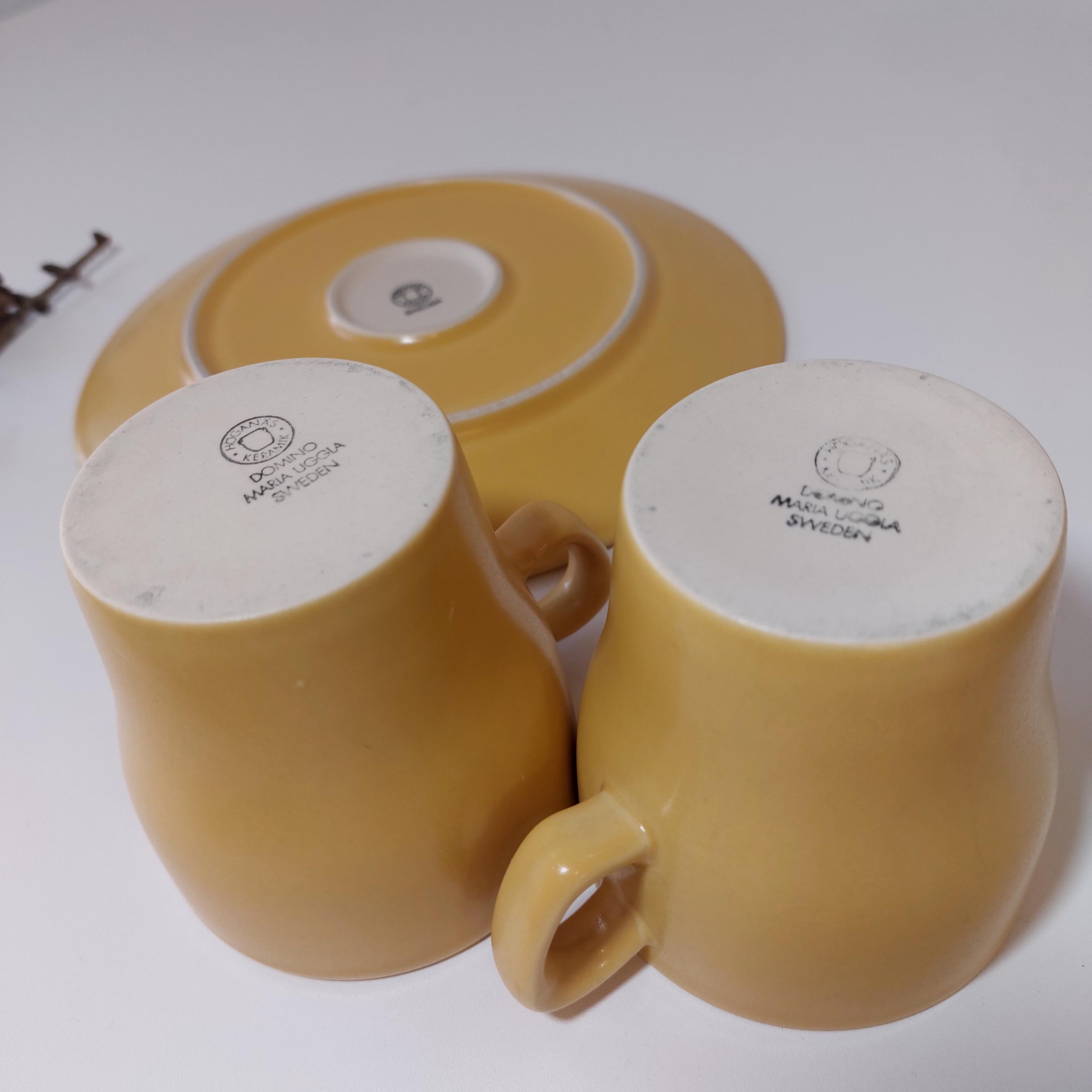Vintage Höganäs Stoneware Cup and Plate Set: Mustard Yellow Domino
