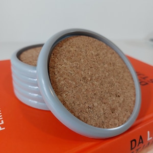 Vintage Bodum Denmark | Coasters | Set of 6 | Grey Plastic | Cork Insert | 1980s | Carsten Jorgensen | Space Age | For the Bigger Cups |