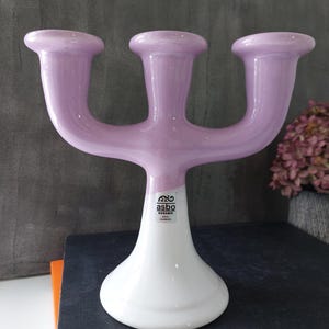 Vintage danska | Keramisk ljushållare | Asbo Keramik Køge | 3 beväpnade | Lila och vit |