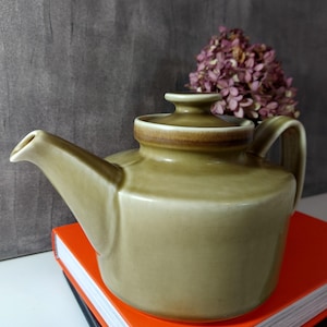 Puede incluir: Una tetera de cerámica verde oliva, con un cuerpo redondeado, un pico curvo y un asa de bucle. La tapa es de un marrón más oscuro. La tetera descansa sobre una pila de libros con una cubierta naranja, con flores moradas secas en el fondo.
