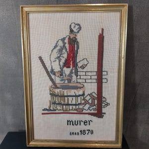 Vintage Danish | Cross Stitch Embroidery | Historic Bricklayer at work | Gold Framed | Wall Hanging | Scandinavian Craftsmanship |
