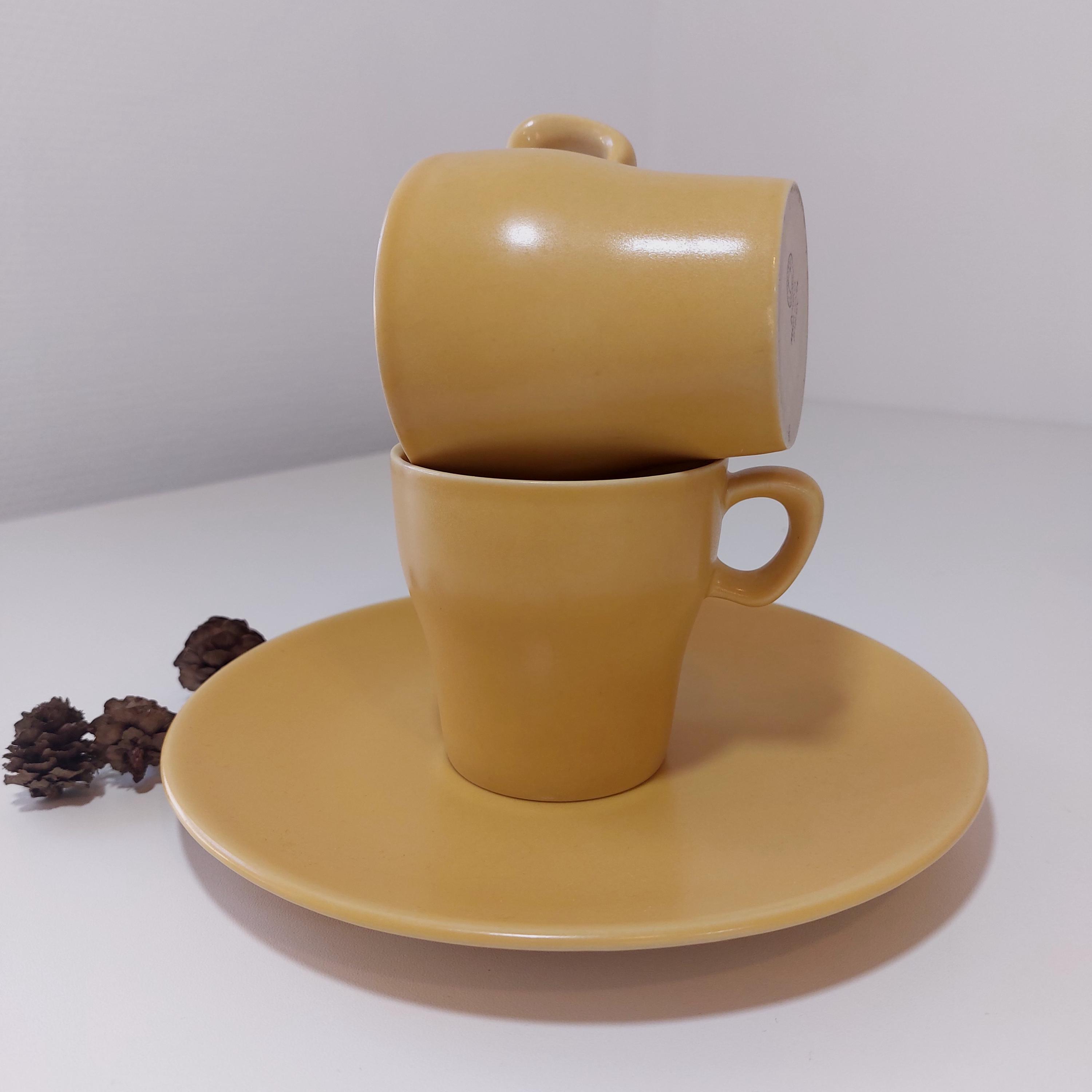 Vintage Höganäs Stoneware Cup and Plate Set: Mustard Yellow Domino
