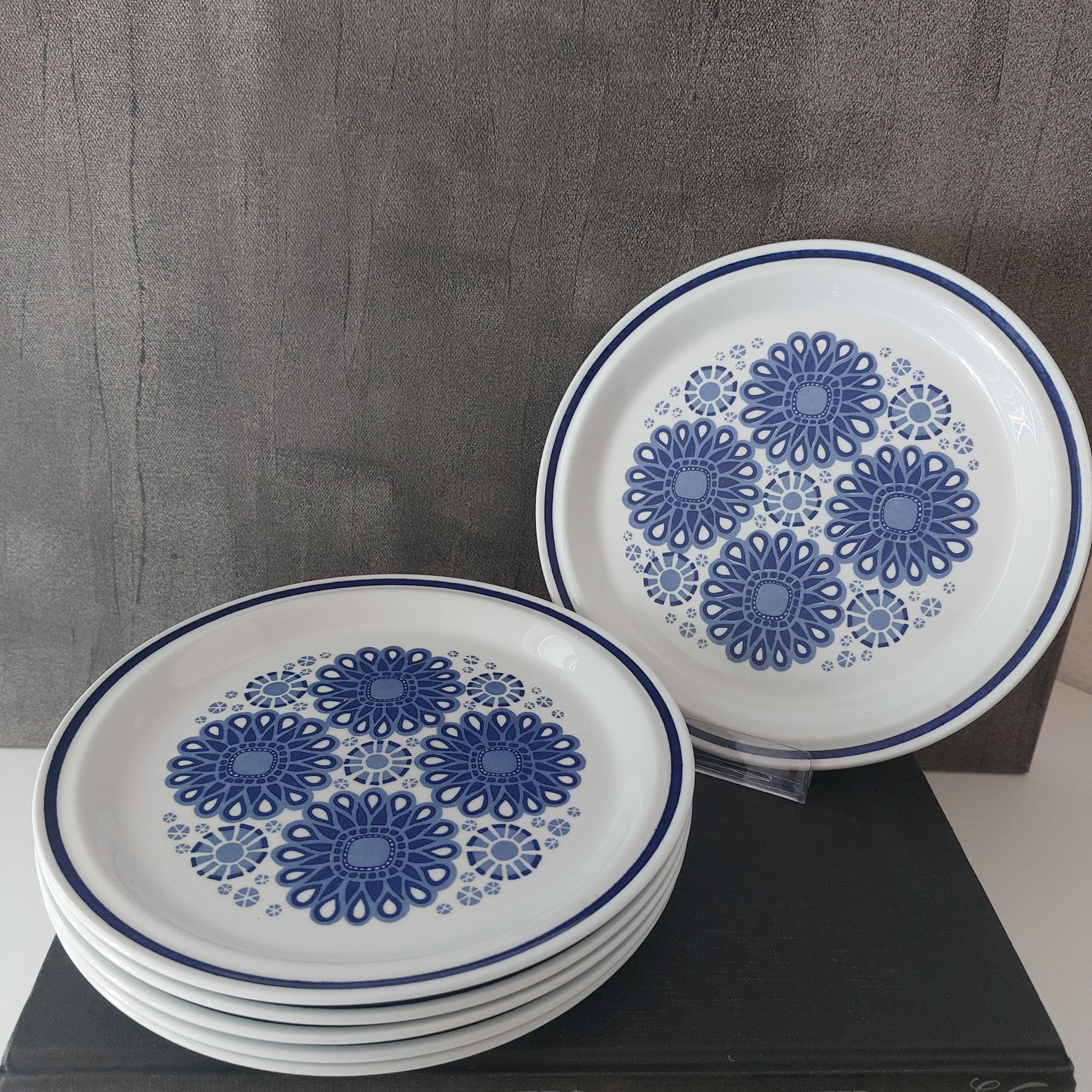 Vintage Egersund Norway Plate Set of 6: Blue & White Korulen 75