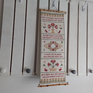 Vintage Danish | Wall Hanging | Cross Stich | Welcome Guests | Bell Pull | Folk Art | Retro Decoration | Tapestry | 1960s