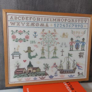 Vintage Danish | Cross Stitch Pattern Sampler | Framed | Danish Needlepoint | Wall Hanging | Copenhagen Themed | Framed Embroidery | 1984 |