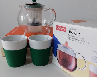 Vintage Bodum Assam Tea Set: Green Teapot, Mugs, Spoons, Original Box