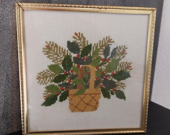 ヴィンテージデンマーククロスステッチ刺繍：額入り花柄バスケット