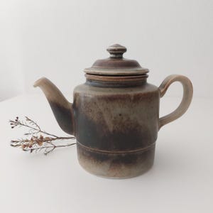 May include: A brown and gray ceramic teapot with a lid. The teapot has a rounded body and a spout on the side. The handle is on the opposite side of the spout.