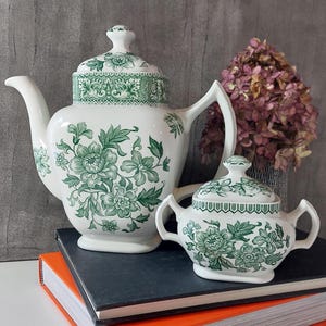 Może przedstawiać: Biały ceramiczny zestaw do herbaty z zielonym kwiatowym wzorem. Zestaw składa się z czajniczka z zakrzywionym dziobkiem i uchwytem oraz cukiernicy z dwoma uchwytami. Umieszczony na książkach, z suszonymi kwiatami w tle.