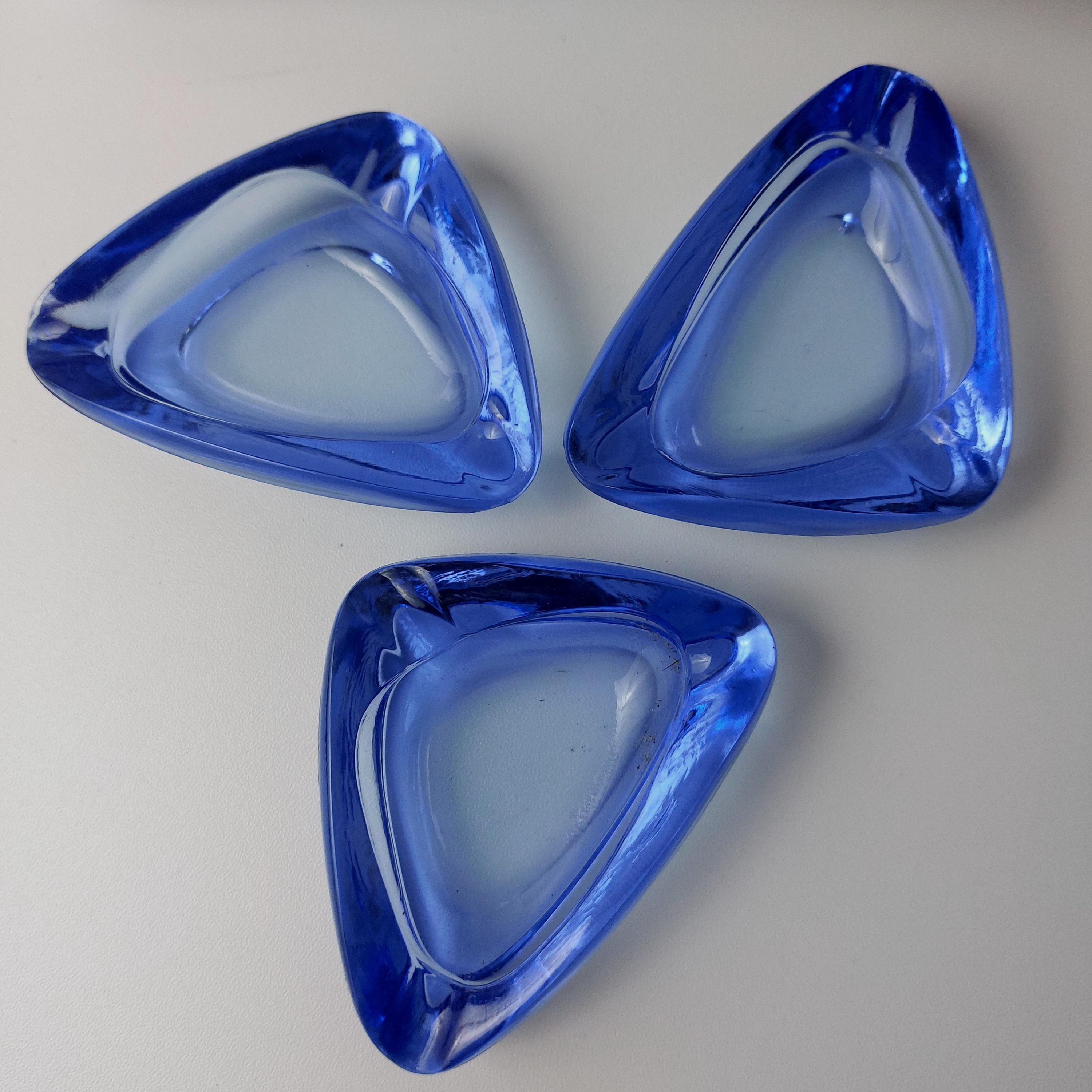 Vintage 60s Blue Glass Ashtrays: Mid Century Modern Set of 3