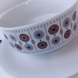 May include: A white ceramic bowl with a blue and brown geometric pattern. The bowl is sitting on a white saucer.
