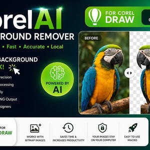 Op de afbeelding: Een softwareadvertentie voor CorelAI Background Remover met een blauw-gele ara in een voor-en-na vergelijking. De afbeelding bevat tekst over AI-gestuurde functies, lokale verwerking en compatibiliteit met de software CorelDRAW.
