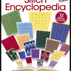May include: A book titled "Stitch Encyclopedia" with the words "Plastic Canvas" above the title. The book cover features an open book with colourful plastic canvas stitch samples flying out of it. The text "Over 50 Stitches Featured" is in a red starburst.