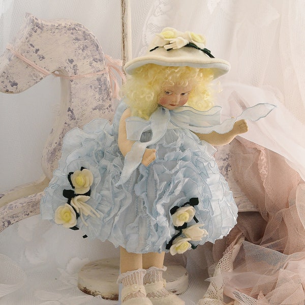 13'' Antique Collectible doll, Papier mache cloth Lenci type, made in Italy , doctored/dressed by me