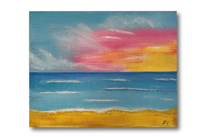 May include: A painting of a seascape with a pink and yellow sunset over the ocean. The water is blue and there is a sandy beach in the foreground.