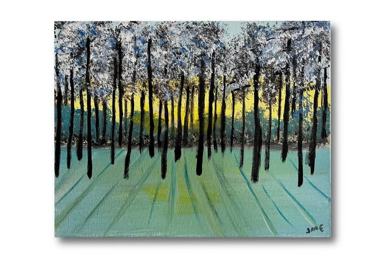 May include: An abstract painting of a forest scene. Black tree trunks rise from a light green ground, with a yellow and green horizon. The tree tops are white and blue. The painting is signed in the bottom right corner.