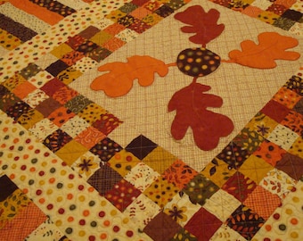 Large Handmade Lap Quilt - Dancing Leaves - Autumn colors of red, orange, gold, brown, ivory and green