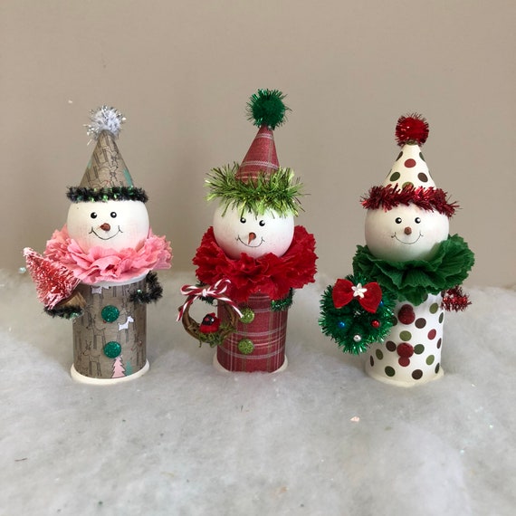 Old Fashioned Snowman Ornaments With Bottlebrush Tree Or Etsy
