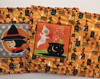 Halloween Placemats, Witch Ghost Placemat, Orange, Purple Pair