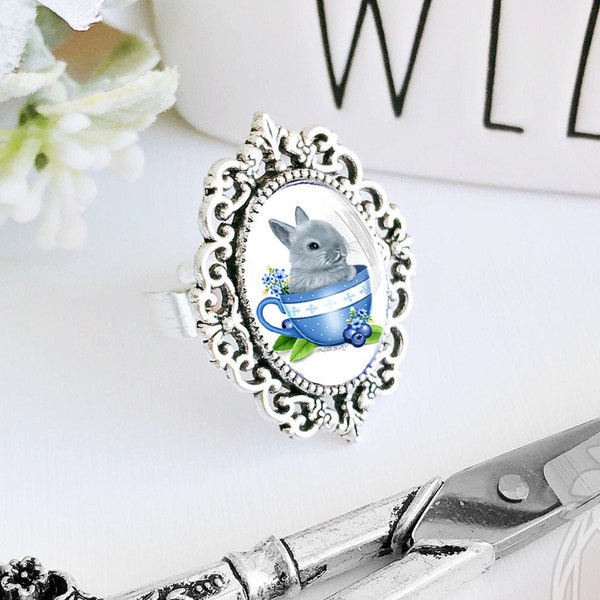 Bunny Cameo Ring / Bunny Ring / Grey Bunny Ring / Gray Bunny / Rabbit Ring / Gray Bunny Jewelry / Bunny Lover Gift / Grey Rabbit / Tea Ring