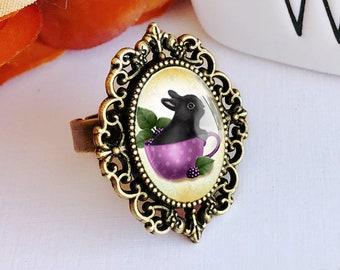 Cameo Ring / Bunny Ring / Black Bunny Ring / Black Bunny / Rabbit Ring / Bunny Lover Gift / Bunny Cameo Ring / Tea Art /Blackberry Tea Bunny