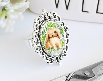 Bunny Ring / Brown Bunny Ring / Brown Bunny / Rabbit Ring / Garden Bunny / Bunny Lover Gift / Flower Ring/ Bunny Cameo Ring
