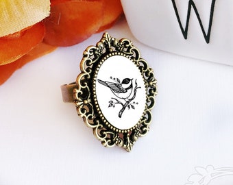 Vogel Ring / Vogel Kamee Ring / Chickadee Schmuck / Chickadee Ring / Vogel Schmuck / Chickadee Kunst / Vogel Illustration / Chickadee Zeichnung