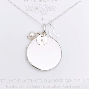Sterling Silver Locket Necklace / Moon Locket / Solid Sterling Locket / Locket and Moon Charm / Gold Filled Locket Necklace / Photo Locket